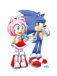  1boy 1girl amy_rose blue_flower boots dated dress finik flower gloves highres holding holding_flower red_dress shoes signature simple_background sonic_(series) sonic_the_hedgehog white_background white_gloves 
