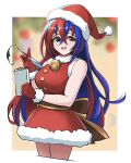  alear_(female)_(fire_emblem) alear_(fire_emblem) bare_shoulders bell blue_eyes blue_hair burnt_green_tea christmas crossed_bangs dress fire_emblem fire_emblem_engage hat heterochromia highres long_hair multicolored_hair red_eyes red_hair santa_dress santa_hat split-color_hair two-tone_hair very_long_hair 