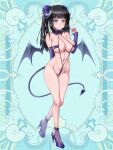  1girl abstract_background arm_behind_back bare_hips bare_legs bare_shoulders black_hair breasts character_request cleavage cocytus_(wind_master) commentary_request covered_nipples demon_girl demon_horns demon_tail demon_wings detached_collar detached_sleeves full_body grey_eyes groin hair_ornament hair_ribbon high_heels horns kerberos_blade large_breasts long_hair looking_at_viewer navel o-ring o-ring_swimsuit ribbon shoes slingshot_swimsuit smile solo standing swimsuit tail twintails wings 