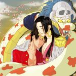  1boy 1girl black_hair boa_hancock chimiso closed_eyes closed_mouth earrings hand_on_another&#039;s_neck highres jewelry long_hair monkey_d._luffy one_piece petals salome_(one_piece) short_hair signature sleeping snake snake_earrings 