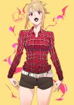  1girl belt blonde_hair brown_shorts collared_shirt commentary_request fangs feet_out_of_frame henken highres long_sleeves open_mouth original plaid plaid_shirt ponytail red_eyes red_shirt shirt shorts sienna_(henken) signature simple_background solo thighs tongue vampire white_belt yellow_background 