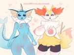  albertomangala anthro big_(disambiguation) big_breasts blue_body braixen breasts canid canine duo eeveelution female female/female flirting_with_viewer fur generation_1_pokemon generation_6_pokemon genitals hi_res looking_at_viewer mammal nintendo nipples nude open_mouth pokemon pokemon_(species) pussy simple_background small_breasts smile text vaporeon white_body wide_hips yellow_body yellow_fur 