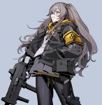  1girl armband fingerless_gloves girls&#039;_frontline gloves grey_background gun hair_between_eyes hand_in_pocket highres holding holding_gun holding_weapon hood hood_down hooded_jacket jacket long_hair looking_at_viewer manarou one_side_up open_clothes open_jacket orange_eyes pantyhose pleated_skirt scar scar_across_eye scar_on_face simple_background skirt solo submachine_gun ump45_(girls&#039;_frontline) weapon 