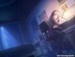  1girl bang_dream! black_pantyhose desk desk_lamp from_side grey_hair headphones indoors lamp listening_to_music long_hair long_sleeves looking_at_viewer minato_yukina night official_art orange_eyes pantyhose parted_lips sitting studying wireless writing 