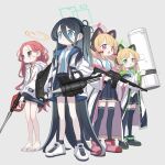  4girls absurdres animal_ear_headphones animal_ears aris_(blue_archive) assault_rifle atat250 black_hair black_skirt black_thighhighs blonde_hair blue_archive blue_eyes blue_jacket blue_necktie bow braid cat_ear_headphones closed_mouth coat coat_partially_removed collared_shirt dot_mouth earth_defense_force fake_animal_ears forehead full_body green_bow green_coat green_eyes grey_background grey_eyes gun hair_between_eyes hair_bow halo headphones high_collar highres holding holding_shield holding_weapon jacket light_blush long_bangs long_hair looking_ahead midori_(blue_archive) momoi_(blue_archive) multicolored_clothes multicolored_coat multicolored_jacket multiple_girls multiple_hair_bows necktie one_side_up open_clothes open_coat open_jacket open_mouth pile_bunker pink_bow pink_coat pink_eyes pleated_skirt raised_eyebrow red_hair rifle sandals shield shirt shoes short_necktie side_braid sidelocks simple_background skirt smile sneakers standing thighhighs v-shaped_eyebrows very_long_hair weapon weapon_request white_coat white_jacket white_shirt yuzu_(blue_archive) 