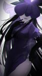  1girl black_gloves black_hair china_dress chinese_clothes cowboy_shot dress elbow_gloves flower flower_on_head gloves highres long_hair open_mouth purple_dress purple_eyes purple_flower rokuya_(68_zusao) short_sleeves signature solo thighs touhou vine_print yomotsu_hisami 