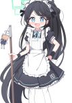  1girl absurdly_long_hair apron aris_(blue_archive) aris_(maid)_(blue_archive) black_dress black_hair blue_archive blue_eyes blue_ribbon blush commentary_request dress flat_chest frilled_apron frills green_halo halo hand_on_own_hip highres holding holding_mop long_hair looking_at_viewer maid maid_apron maid_headdress medium_dress mop neck_ribbon open_mouth parted_bangs ponytail puffy_short_sleeves puffy_sleeves ribbon short_sleeves simple_background solo thighhighs tsumiki_sata very_long_hair white_apron white_background white_thighhighs wrist_cuffs 