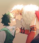  2boys bakugou_katsuki black_pants blonde_hair boku_no_hero_academia brown_background collared_shirt detached_sleeves earrings eye_contact freckles from_side gradient_background green_hair green_vest grey_shirt highres jewelry looking_at_another male_focus midoriya_izuku multiple_boys official_alternate_costume ome_(o5owww) open_mouth pants profile red_sleeves shirt short_hair sweatdrop vest 