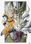  3boys blonde_hair blue_eyes cape cell_(dragon_ball) clenched_hands dragon_ball dragon_ball_z father_and_son highres jumpsuit kakeru_(dbskakeru) looking_at_viewer male_focus multiple_boys orange_jumpsuit perfect_cell purple_jumpsuit red_eyes shoes simple_background sleeveless son_gohan son_goku spiked_hair super_saiyan toriyama_akira_(style) white_cape 