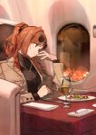  1girl aircraft airplane arisugawa_natsuha black_sweater brown_coat coat commentary_request cup dangle_earrings drinking_glass earrings eyewear_on_head food highres idolmaster idolmaster_shiny_colors jewelry looking_outside napkin open_clothes open_coat orange_hair plate ponytail scrunchie sitting solo sweater table turtleneck turtleneck_sweater window wine_glass zhili_xingzou 