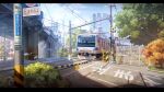  blue_sky building city cityscape cloud commentary day gate highres kuroha_(pixiv91542816) no_humans original outdoors power_lines railroad_crossing railroad_tracks road scenery shadow sky skyscraper train translation_request utility_pole 