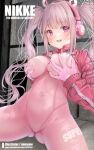  alice_(nikke) artist_name blush bodysuit breasts copyright_name covered_navel goddess_of_victory:_nikke grabbing_own_breast jacket large_breasts long_hair long_sleeves looking_at_viewer open_mouth pink_bodysuit pink_eyes pink_headphones pink_jacket pixiv_id popola_(artist) skin_tight smile solo thighs twintails white_footwear 