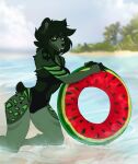  5_fingers absurd_res anthro beach bear biped black_clothing black_outfit black_swimwear blurred_background breasts clothed clothing cloud digital_media_(artwork) fangs female fingers food fruit fur green_body green_eyes green_fur green_hair green_nose hair hands_on_object hi_res inflatable kneeling looking_at_viewer mammal melon nomirin outside plant raylin rubber_ring sand sea seaside short_tail sky smile solo spots spotted_body striped_body stripes swim_ring swimwear swimwear_only tail teeth water watermelon watermelon_pattern 