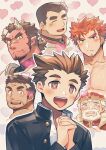  6+boys bara beard_stubble blush broken_horn brown_hair claus_(f-kare) closed_eyes colored_sclera colored_skin cross_scar crown facial_hair fafnir_(f-kare) fang fire frown goatee gordon_(f-kare) heart heart-shaped_pupils horns hozu_(hozumi) male_focus monster_boy multiple_boys ogre old old_man open_mouth orgus_(f-kare) own_hands_clasped own_hands_together portrait protagonist_(f-kare) red_hair red_skin scar scar_on_face scar_on_forehead scar_on_nose school_uniform short_hair shoukan_yuusha_to_f-kei_kareshi sideburns sideburns_stubble sol_(f-kare) symbol-shaped_pupils teeth thick_eyebrows tongue tongue_out topless_male upper_body white_hair yellow_sclera 