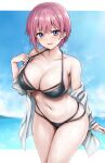  1girl blue_eyes blush breasts go-toubun_no_hanayome highres large_breasts leaning_forward letterboxed nakano_ichika navel off_shoulder pink_hair pulled_by_self r-binon shirt short_hair smile solo stomach strap_pull swimsuit thighs wet white_shirt 