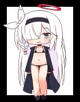  1girl bikini black_background black_bikini black_choker black_footwear black_hairband black_jacket blue_archive blush braid chibi choker collarbone full_body grey_eyes groin hair_over_one_eye hair_ribbon hairband halo hana_kazari highres jacket long_hair long_sleeves looking_at_viewer micro_bikini navel open_clothes open_jacket parted_lips plana_(blue_archive) ribbon shoes single_braid sleeves_past_wrists solo standing swimsuit two-tone_background very_long_hair white_background white_hair white_ribbon 