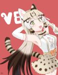  1girl animal_ears bow bowtie cat_ears cat_girl cat_tail elbow_gloves extra_ears geoffroy&#039;s_cat_(kemono_friends) gloves green_eyes grey_hair highres kemono_friends kemono_friends_v_project long_hair looking_at_viewer microphone red_background ribbon shinryuu_(iwata12181126) shirt simple_background skirt solo tail twintails virtual_youtuber 