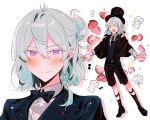  1boy alternate_hair_length alternate_hairstyle black_bow black_bowtie black_headwear black_jacket black_necktie blue_hair blush bow bowtie closed_eyes closed_mouth eichi_turnr ensemble_stars! full_body hat heart hibiki_wataru highres jacket light_blue_hair long_sleeves male_focus medium_hair necktie purple_eyes smile solo star_(symbol) stuffed_animal stuffed_toy teddy_bear top_hat 