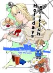  1boy 1girl artist_self-insert backpack bacon bag beans blonde_hair blue_eyes blue_jacket braid breasts character_name closed_mouth cover cover_page crown cup dress egg_(food) english_commentary english_text food french_braid hms_warspite jacket jewelry kantai_collection long_hair long_sleeves medium_breasts mini_crown necklace off-shoulder_dress off_shoulder warspite_(kancolle) yamada_rei_(rou) 