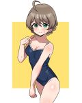  1girl absurdres ahoge bare_shoulders blue_one-piece_swimsuit blush border braid breasts brown_hair cleavage closed_mouth collarbone cowboy_shot dot_nose green_eyes hair_between_eyes hand_up highres idolmaster idolmaster_million_live! idolmaster_million_live!_theater_days large_breasts light_brown_hair looking_at_viewer one-piece_swimsuit outside_border sakuramori_kaori short_hair shy simple_background smile solo standing strap_pull sweatdrop swimsuit white_border yellow_background zaza_(zahaoming) 