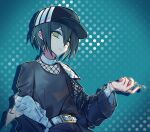  1boy :/ belt black_hair black_headwear black_jacket black_pants black_shirt brown_eyes candy cowboy_shot danganronpa_(series) danganronpa_v3:_killing_harmony fishnet_top fishnets food green_background highres holding holding_candy holding_food holding_lollipop jacket lollipop male_focus off_shoulder open_clothes open_jacket pants polka_dot polka_dot_background saihara_shuichi shirt short_hair solo white_belt white_headwear xia_nu_xiao_fang 