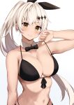  1girl absurdres aratake bare_arms bare_shoulders bikini black_bikini black_bow black_bowtie black_ribbon bow bowtie breasts brown_eyes commentary_request detached_collar five-seven_(girls&#039;_frontline) girls&#039;_frontline hair_ribbon hand_up highres large_breasts long_hair looking_at_viewer navel ribbon smile solo stomach swimsuit upper_body very_long_hair white_hair 