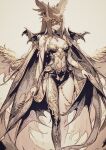  1girl absurdres armor asymmetrical_legwear bodice breasts cape fantasy feathered_wings grey_background greyscale head_wings highres looking_at_viewer mask mismatched_legwear monochrome original pantyhose parted_lips shoulder_armor small_breasts solo user_pspn8722 wings 