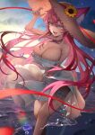  1girl absurdres bare_shoulders breasts cleavage collarbone dress garter_straps hakusyokuto highres long_hair looking_at_viewer open_mouth original outdoors pink_hair smile solo white_dress 