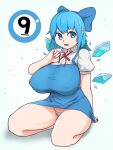  9 accessory big_breasts blue_eyes blue_hair bow_ribbon breasts cirno clothing fairy female hair hair_accessory hair_bow hair_ribbon hi_res huge_breasts humanoid ice kneeling nipple_outline open_mouth panties ribbons sakanadaze simple_background solo thick_thighs touhou underwear winged_humanoid wings 