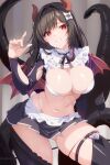  1girl apron arm_at_side ass_visible_through_thighs azur_lane black_hair black_ribbon black_skirt black_sleeves black_thighhighs bow breasts breasts_squeezed_together cleavage commentary_request cowboy_shot curled_horns curvy demon_girl demon_horns demon_wings detached_sleeves eyelashes eyes_visible_through_hair frilled_apron frills grey_background grin hair_bow hair_intakes hand_up head_tilt heart-shaped_ornament highres horns large_breasts light_blush long_hair looking_at_viewer maid_apron microskirt navel neck_ribbon netarou_(shinra) pleated_skirt red_eyes ribbon royal_fortune_(azur_lane) royal_fortune_(treats_from_the_deep)_(azur_lane) shiny_skin sidelocks simple_background skindentation skirt sleeves_past_wrists smile smirk solo standing stomach swept_bangs tentacles thigh_strap thighhighs thighs torn_clothes torn_sleeves tsurime white_apron white_bow wings 