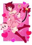  1girl animal_ears arima_kana bell blush bob_cut cat_ears cat_girl cat_tail cosplay full_body heart highres inverted_bob jewelry looking_at_viewer mew_ichigo mew_ichigo_(cosplay) necklace open_mouth oshi_no_ko pink_background red_eyes red_footwear red_hair red_ribbon ribbon short_hair solo tail tokyo_mew_mew xiang_yu_pai 