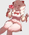  1girl alcremie alcremie_(strawberry_sweet) blush borrowed_character bow breasts buttons drill_hair food fruit gift_art highres large_breasts long_hair lotte_(rhymewithray) nyantcha open_mouth pink_eyes pokemon pokemon_(creature) rotom rotom_phone sitting skirt smile solo strawberry thick_thighs thighs twintails wide_hips 