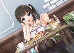  1girl azuki_yui bag bare_shoulders black_hair black_thighhighs blue_eyes blush breasts cleavage collarbone cup drinking_glass drinking_straw food fruit hair_ornament hair_scrunchie holding holding_spoon incoming_food o-ring open_mouth original pancake plate saucer scrunchie shirt shopping_bag shorts sitting solo souffle_pancake spoon strawberry table thighhighs white_scrunchie white_shirt x_hair_ornament zettai_ryouiki 