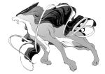  animal_focus atie1225 facing_to_the_side full_body greyscale highres monochrome no_humans open_mouth pokemon pokemon_(creature) simple_background solo suicune white_background 