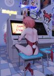  2girls absurdres anger_vein arcade_cabinet ass bare_back blue_archive bromide checkered_floor flying_sweatdrops halo highres indian_style indoors multiple_girls nekk0root neru_(blue_archive) neru_(bunny)_(blue_archive) playing_games sitting solo_focus yuzu_(blue_archive) 
