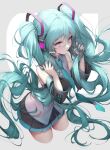  1girl aqua_eyes aqua_hair aqua_nails aqua_necktie black_sleeves detached_sleeves from_above hatsune_miku headset highres long_hair necktie sencha_(senchat) solo thighhighs twintails very_long_hair vocaloid 