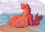  anthro beach big_breasts breast_rest breasts female gikowinko hi_res huge_breasts larger_female nipples nude red_bluster red_body sea_monster seaside size_difference the_sea_beast 