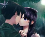  1boy 1girl absurdres artist_name black_hair couple green_shirt hetero highres j_humbo komi-san_wa_komyushou_desu komi_shouko long_hair outdoors purple_eyes rain shirt short_hair signature tadano_hitohito tree wet white_shirt 