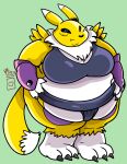  2023 anthro asian_clothing bandai_namco belly big_belly big_breasts breasts claws clothing digimon digimon_(species) ears_back east_asian_clothing female fur hand_on_stomach hi_res japanese_clothing looking_at_viewer mawashi mouth_closed obese obese_anthro obese_female overweight overweight_anthro overweight_female pivoted_ears renamon royaljellysandwich signature solo standing sumo sumo_wrestler toe_claws topwear white_belly yellow_body yellow_fur 