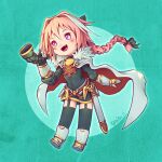  1boy astolfo_(fate) black_bow blush boots bow braid cape covered_navel fang fate/apocrypha fate_(series) full_body garter_straps gloves hair_bow holding holding_instrument horn_(instrument) instrument long_hair long_sleeves multicolored_hair open_mouth otoko_no_ko purple_eyes sdmsadism signature skin_fang solo streaked_hair white_cape white_footwear white_gloves 
