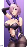  1girl absurdres animal_ears bare_shoulders black_leotard breasts brown_pantyhose cleavage cleavage_cutout clothing_cutout elbow_gloves fake_animal_ears fate/grand_order fate_(series) gloves hair_over_one_eye highleg highleg_leotard highres kurozawa_yui large_breasts leotard light_purple_hair looking_at_viewer mash_kyrielight navel navel_cutout open_mouth pantyhose playboy_bunny purple_eyes purple_gloves rabbit_ears short_hair solo thighband_pantyhose thighs 