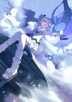  1girl :d absurdres altaria blue_eyes blue_gloves bright_pupils cloud commentary_request day detached_sleeves evolutionary_line eyelashes floating_hair flying_miku_(project_voltage) from_below gloves hair_over_one_eye hair_ribbon hand_up hatsune_miku highres knees loose_socks open_mouth outdoors pokemon pokemon_(creature) project_voltage ribbon see-through see-through_sleeves shoes sitting sky smile socks swablu tamago_sando twintails vocaloid white_pupils white_socks 