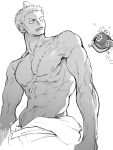  1boy abs absurdres bara doodle_inset frown greyscale highres large_pectorals long_sideburns looking_to_the_side male_focus monochrome muscular muscular_male nipples nowosuke one_piece pectorals roronoa_zoro scar scar_across_eye short_hair shredded_muscles sideburns solo stomach v-taper veins veiny_arms 