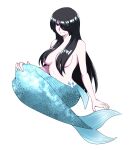  1girl black_hair blue_eyes breasts cleavage closed_mouth commentary_request completely_nude fins hair_over_breasts hair_over_one_eye highres large_breasts long_hair looking_at_viewer mabo0gentk mermaid monster_girl nude original scales simple_background smile solo swept_bangs white_background 