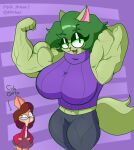  2023 abs anthro biceps big_breasts breasts cake_the_bunny_(tartfrost) clothed clothing digital_media_(artwork) domestic_cat eyewear felid feline felis female female/female fur glasses green_body green_fur green_hair hair hi_res huge_breasts looking_at_viewer mammal miriam_cat_(tartfrost) muscular muscular_female pip3r_dr4ws purple_clothing simple_background solo thick_thighs topwear 