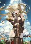  1girl bare_shoulders blonde_hair cloud cloudy_sky detached_sleeves dress fadingz green_eyes hair_over_one_eye highres holding holding_staff long_hair looking_at_viewer sky smile solo staff tales_of_(series) tales_of_the_abyss tear_grants 