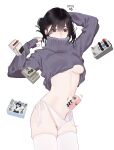  1girl arms_up black_hair breasts covered_mouth cowboy_shot effects_pedal grey_sweater highres hitomi_o long_sleeves navel original panties signature simple_background skindentation sleeves_past_wrists solo sweater thighhighs turtleneck turtleneck_sweater underboob underwear white_background white_panties white_thighhighs 