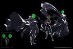  1boy 2girls absurdres alien_x_(ben_10) apoloniodraws ben_10 black_dress black_hair cleavage_cutout cloak clothing_cutout dark-skinned_female dark_skin dress faceless faceless_female faceless_male green_eyes green_mask highres multiple_girls omnitrix short_hair space standing 