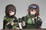  2girls armedshipyard assault_rifle black_gloves breasts brown_hair camouflage camouflage_cape camouflage_jacket cleavage closed_eyes cup ear_protection elbow_pads fingerless_gloves girls&#039;_frontline gloves goggles goggles_on_head green_shirt grenade_launcher grey_background gun hair_between_eyes hair_ornament holding holding_cup holding_gun holding_weapon jacket large_breasts long_hair mod3_(girls&#039;_frontline) mug multiple_girls open_mouth red_eyes rifle scene_reference shirt short_sleeves simple_background sleeveless sleeveless_shirt smile star_(symbol) star_hair_ornament table type_56-1_(girls&#039;_frontline) type_56_assault_rifle type_64_(girls&#039;_frontline) underbarrel_grenade_launcher upper_body weapon wreaths_at_the_foot_of_the_mountain 