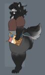  anthro belly big_butt biped black_hair bottom_heavy bottomwear breasts butt canid canine canis clothed clothing curvy_figure digital_drawing_(artwork) digital_media_(artwork) female food full-length_portrait fur grey_body grey_fur hair hotpants mammal martha_(mexifurfoof) mexifurfoof open_mouth overweight overweight_female portrait shirt shorts side_view simple_background solo standing tail thick_thighs topwear voluptuous waffle wide_hips wolf 